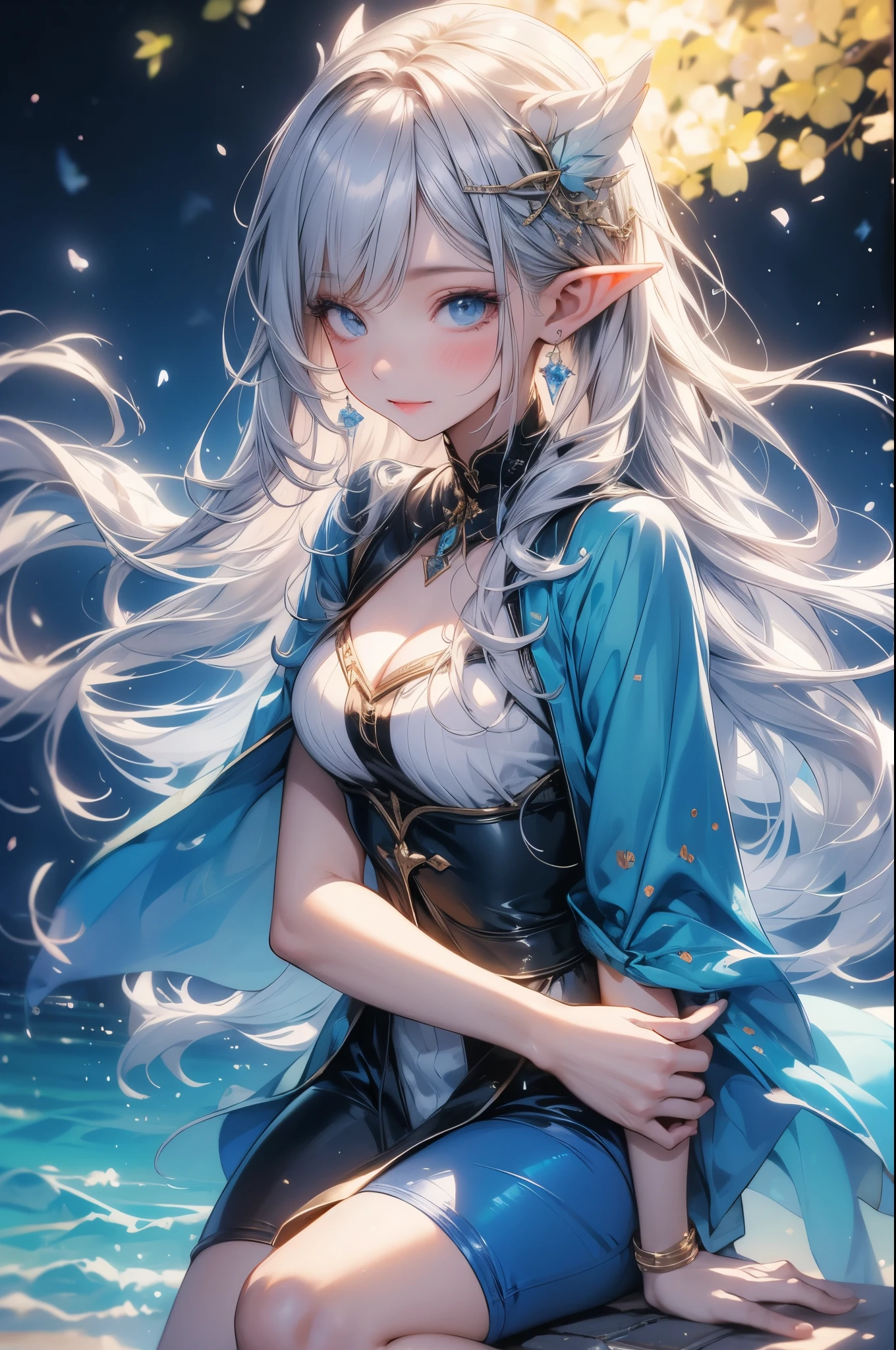 1 lady elf, 20 years old, white hair, long hair, wavy hair, light blue eyes, 
BREAK (masterpiece), (high resolution 8K), cinematic lighting, professional lighting, detailed eyes and face, detailed body, 
BREAK  She’s wearing a white, Grecian-style maxi dress, 