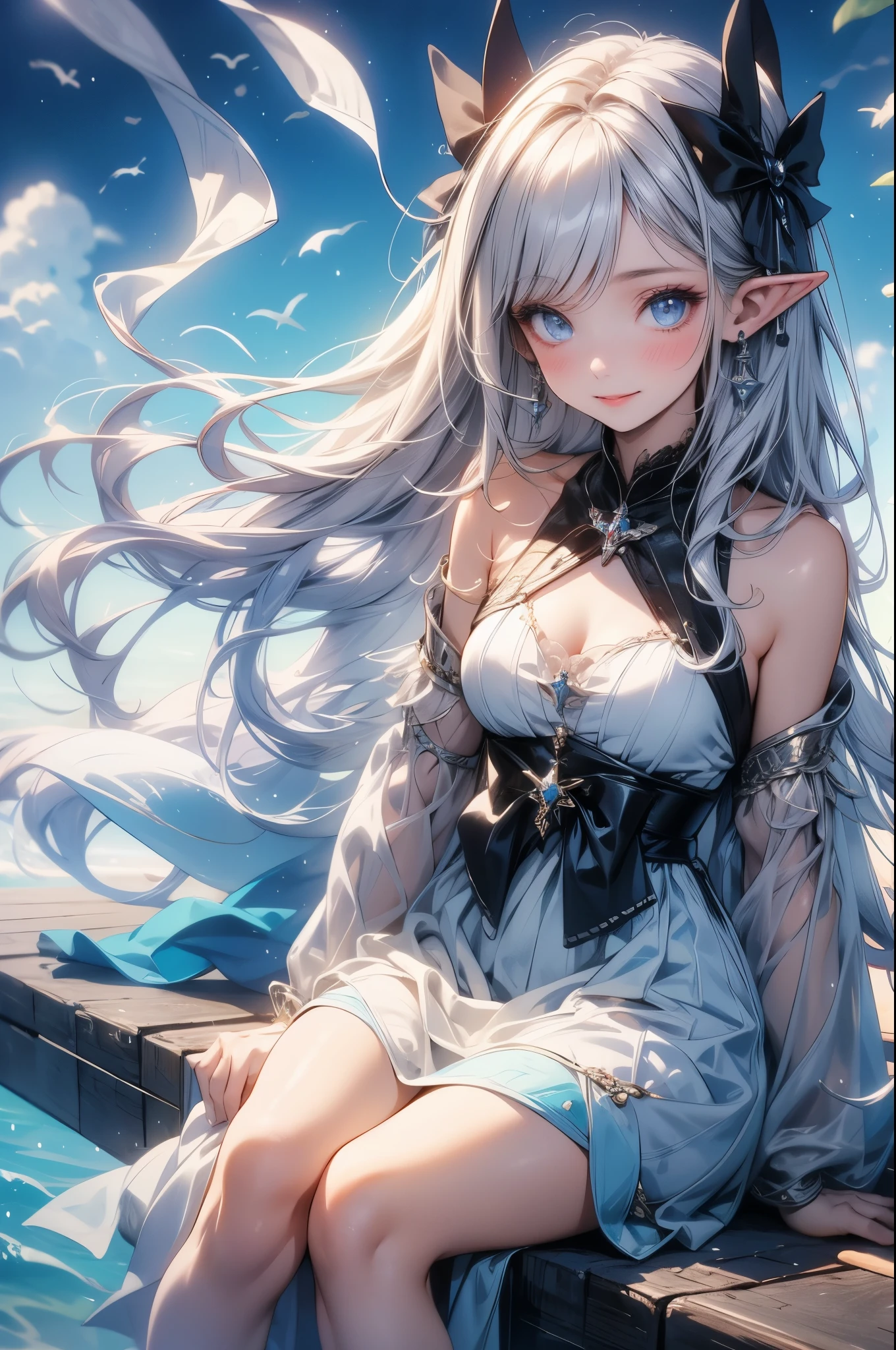 (master piece),(4k),high quality, small breasts,1girl,elf,long silver hair,pale skin,smile,white and blue costume,sitting in lakeside,(beautiful fantasy anime),film Lighting