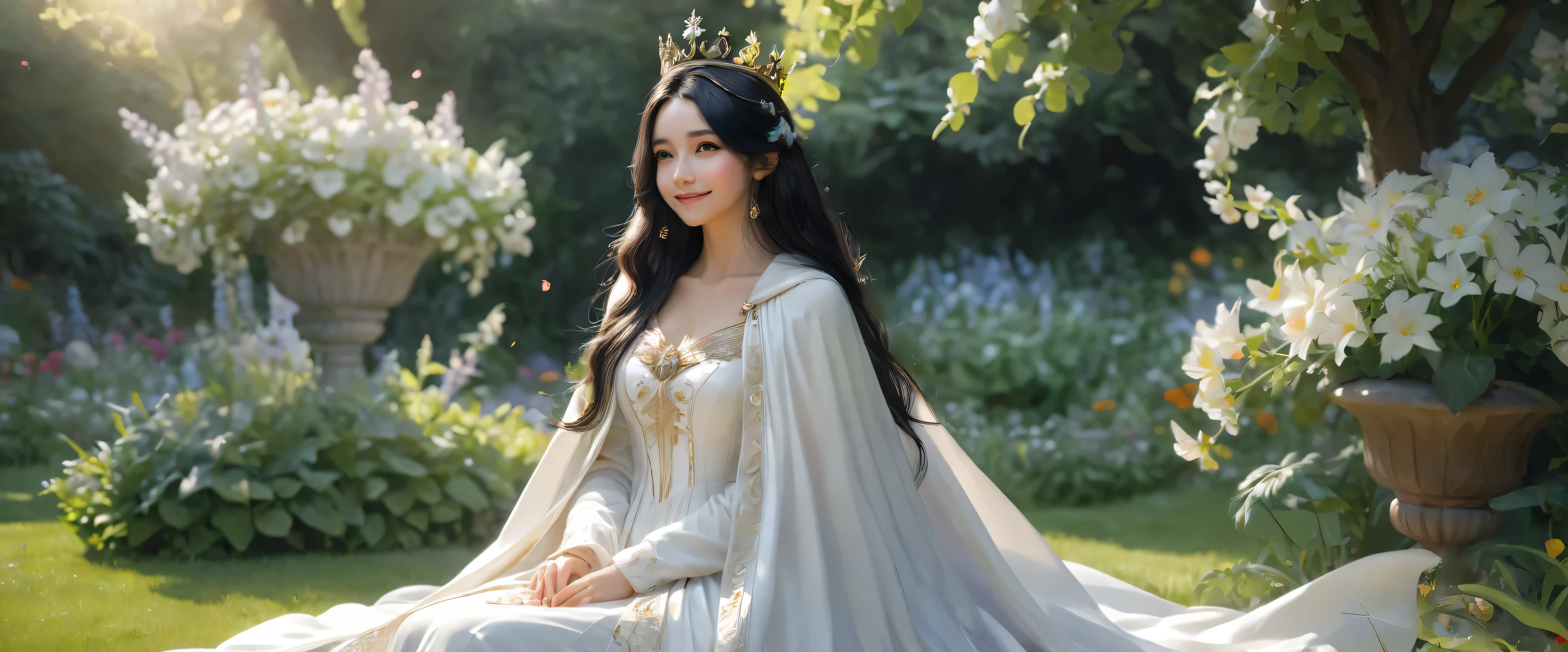 Grateful girl, beautiful black long hairs, with white dress and cloak, the crown in the head, sit in the garden with many beautiful flowers, she is very kind, she is sweety smile, full body, high quality, high details, artistic style, respectful attitudeextremely detailed) CG unity, 8k wallpaper, (cinematic angle)


