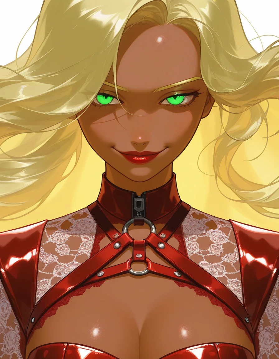 OC, female, semi realism, dark tanned skin, red lips, blonde eyebrows, perfect face, long wavy light Ashe blonde hair with bang, half-closed green eyes, evil smile, red glamorous, sweet aesthetic, harness and lace sexy suit, mystic luminescent, sword
