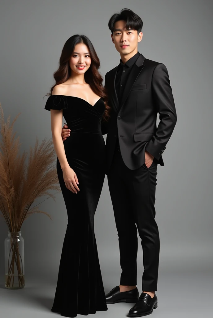 1 boy and 1 girl , black suit and black dress , brown hair , realistic , ultra detail , 70mm lens