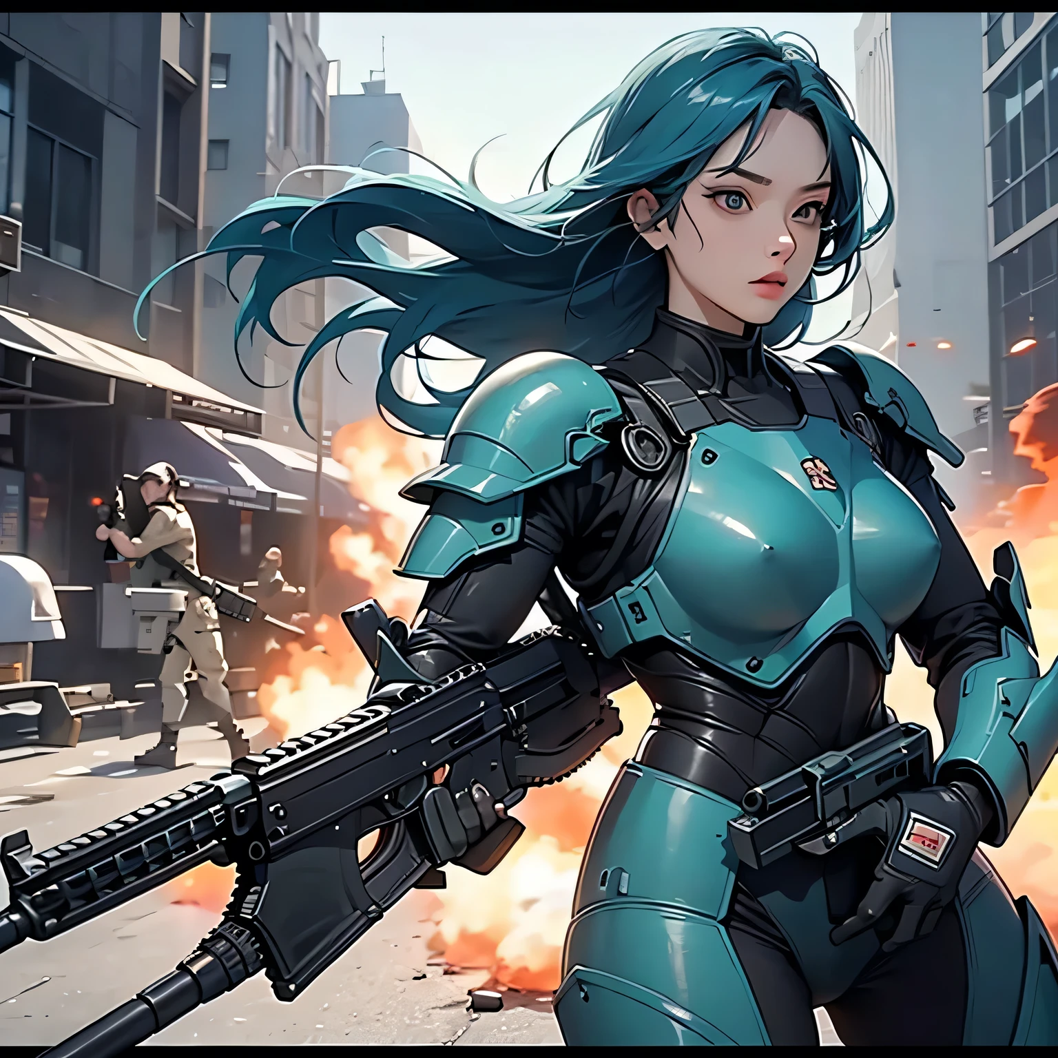 nsfw, anime screencap, 16K, perfect anatomy proportion body, perfect hands, action, A dynamic composition with a sense of speed and movement, (Hold an assault rifle:1.6), a wife, 40age, perfect beautiful delicate sexy face, perfect beautiful delicate eyes, braid-in-braid black hair, (dark skin:1.6), huge breasts, abs, Camouflage-colored heavy armored steam engine full armor powered suit, Many heavily armored robot soldiers are engaged in a firefight in the background., Flying bullets, Ruined ancient city, war, Post-apocalyptic,