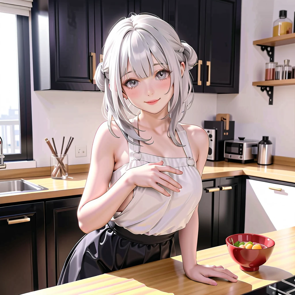 Tabletop, Highest quality, shape, Very detailed, In detail, High resolution, 8k wallpaper, Perfect dynamic composition, Beautiful attention to detail, ,Medium Hair、Natural color lips, Bold sexy pose,smile,((One 20-year-old girl))、Big Breasts、Big Ass、Leaning against the kitchen、cute、sexy shot looking at camera、Embarrassed expression