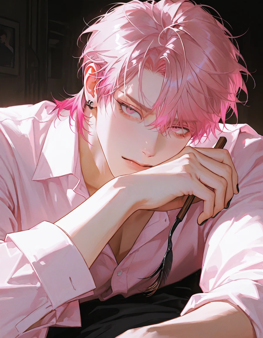 Handsome man, mature man, 1 man, handsome man, dark pink hair, light pink highlights, messy hair, male focus, focus, black nail polish, collared shirt, dark pink eyes, displeased expression , lying, technological background, dark background, black earrings, high details, perfect eyes, Korean men, thick brushstrokes, cinematic light, semi-realistic art, semi-realistic art style, impressionist painting,detailed art style, expressive brush strokes, vibrant brush strokes, impressionist painting,realistic skin, realistic hair, realistic details, photo realistic, High details, uncensored,