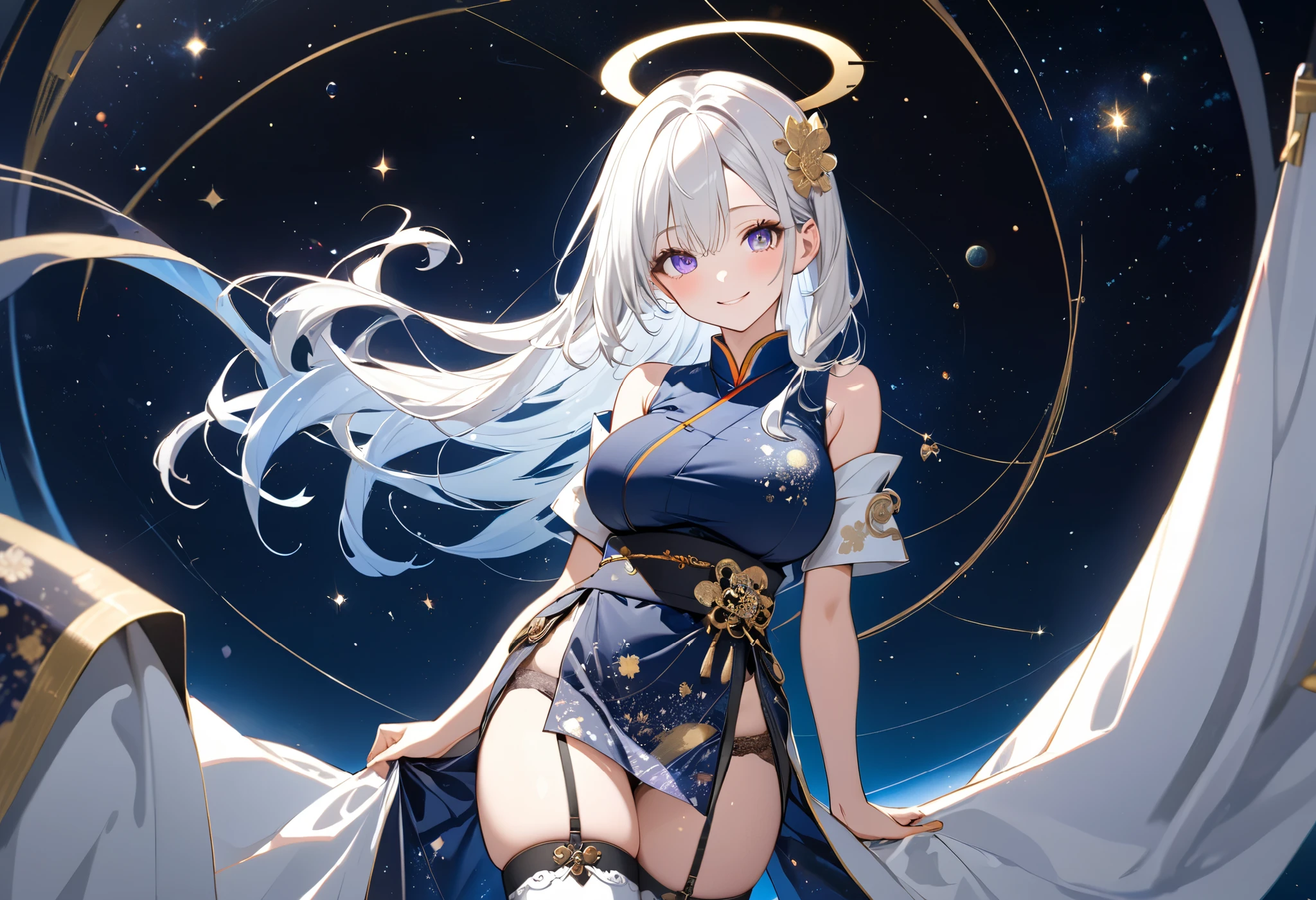 Fresh illustration,
Ultra-fine drawing,
Top quality,
Very delicate illustration,
Very fine details,
Beautiful and charming anime style,
Enchanting anime style,
Ultra-detailed drawing,
Beautiful and sophisticated illustration of a girl,
Full body,
Height 158cm,
Fair skin,
Right eye blue, left eye purple, complete heterochromia,
Large black pupil,
Beautiful eyes,
Super long hair,
Shiny hair,
Blue roots and white hair elsewhere,
Hair with a gradient,
Half of forehead exposed,
Pretty and cute face,
Rich cheeks,
Small shiny halo floating on the back of the head,
Lowered eyebrows,
Smiling,
Upper body in kimono,
Overall white clothes,
Lower body in Chinese dress,
Black obi,
Tasteful embroidery with gold thread,
Clothes with a high-quality texture,
Narrow and sloping shoulders,
Mega breasts,
isometric,
golden ratio,
divine atmosphere,
wearing an indigo-colored stand-up collared inner,
outer space,
multiple galaxies,
countless small stars,
tactical use of shadows,
hair and halo on head do not extend beyond the frame,
clothes do not extend beyond the frame,
garter belt,
stockings,
thigh straps digging into skin,
lace thong,
white long boots,
toes are Japanese-style,
thin waist,
thick thighs,
standing,