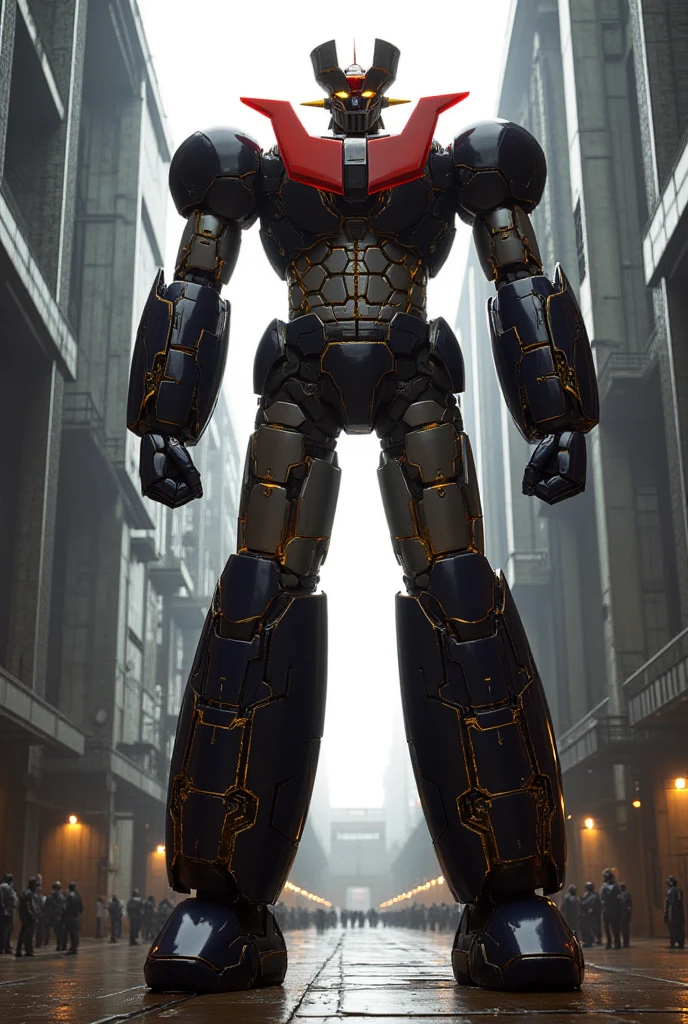   a very realistic version of the Mazinger Z , It stands 58 meters tall and in a forward position .  constructed with modern materials such as steel ,  Carbon Fiber ,  other industrial elements are also visible , Armored with a beautiful finish , bolt,  realistic texture , .  Iconic features such as the chest plate and head have been carefully recreated. It is set in the modern NASA Space Engineering Research Institute Environmental Plant Plant Maintenance Site,  the appearance of Mazinger Z standing around ,  illuminated by natural light 、 huge structures highlighted with realistic shadows . LED Light