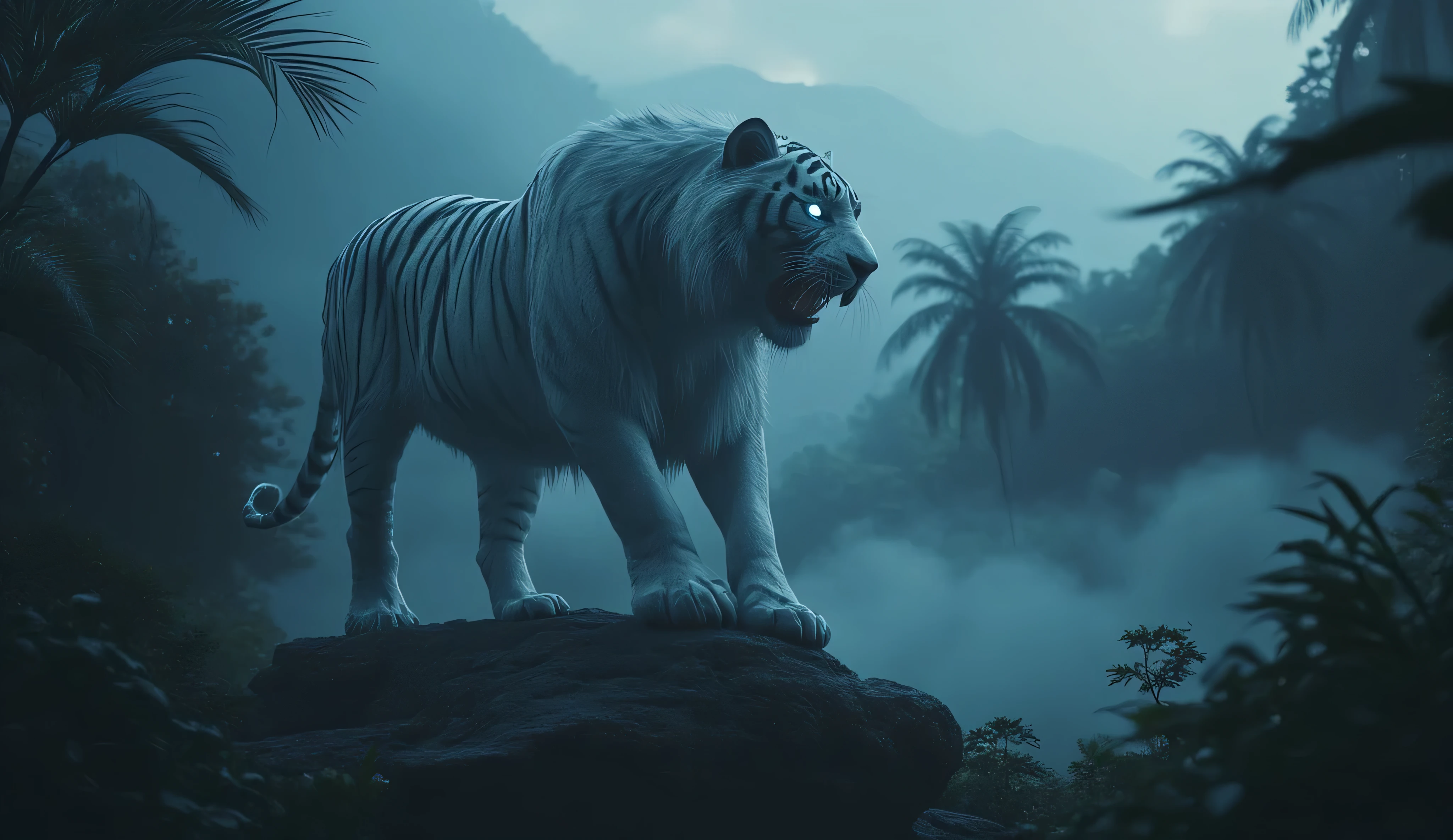A majestic, white tiger in the middle of the jungle. He stands on the rocks and growls. He has bright blue eyes. Mountains. Thick fog. twilight. horror