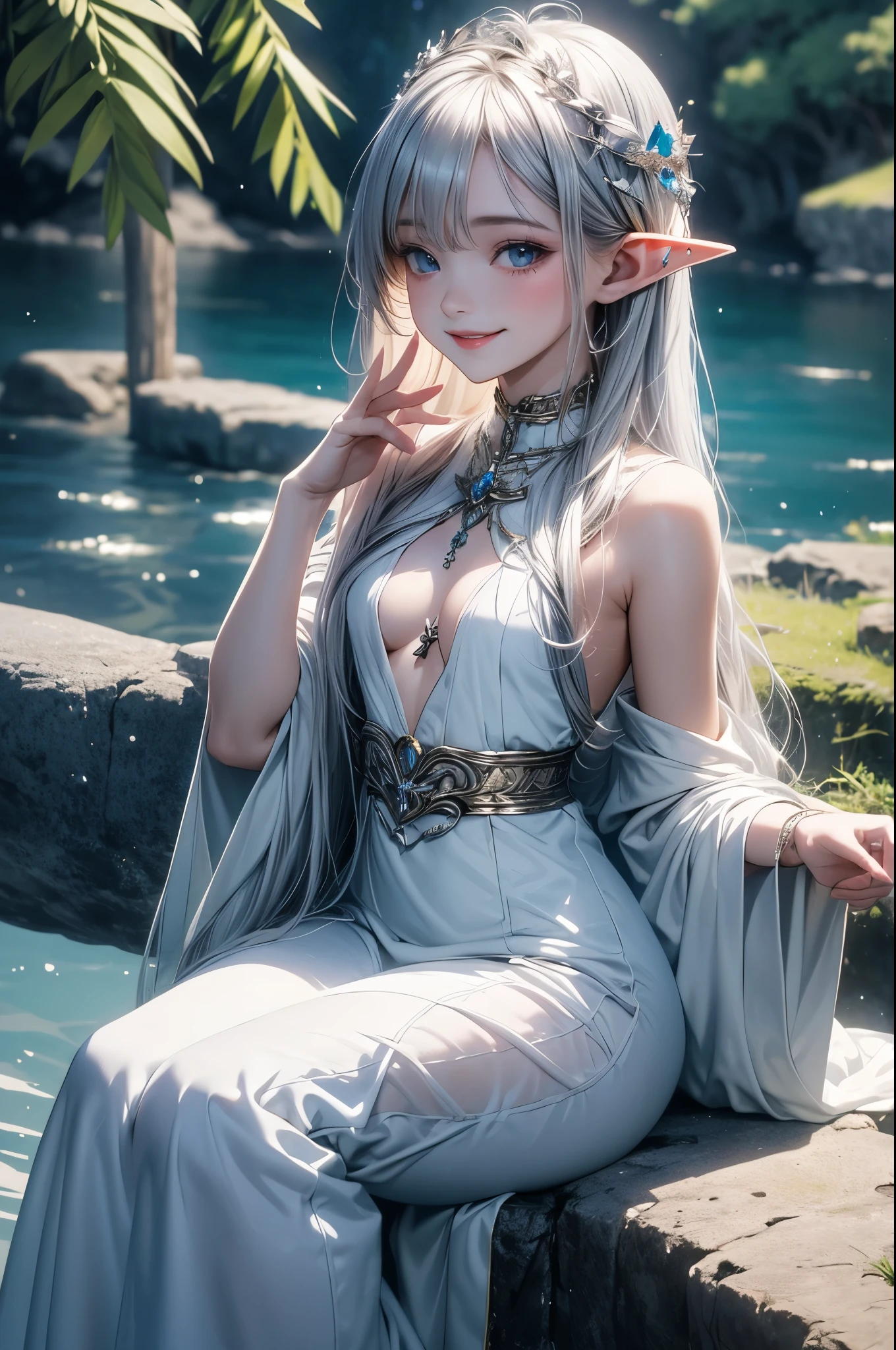 (master piece),(4k),high quality, small breasts,1girl,elf,long silver hair,pale skin,smile,white and blue costume,sitting in lakeside,(beautiful fantasy anime),film Lighting