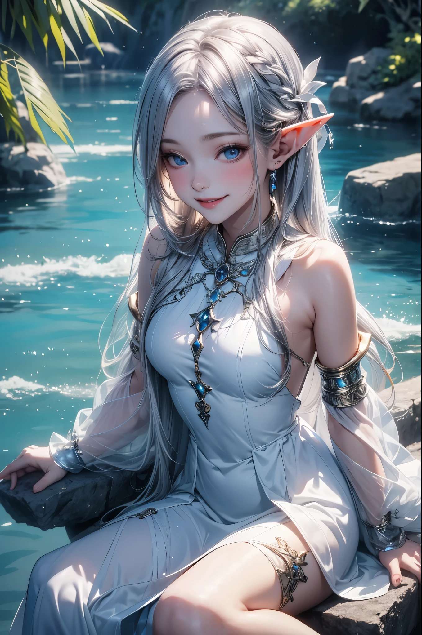 (master piece),(4k),high quality, small breasts,1girl,elf,long silver hair,pale skin,smile,white and blue costume,sitting in lakeside,(beautiful fantasy anime),film Lighting
