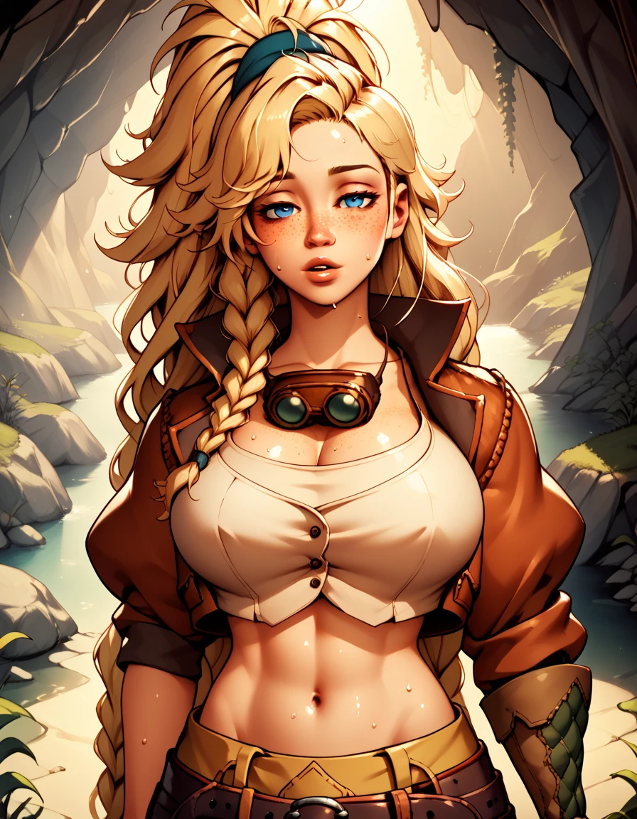 score_9, score_8_up, score_7_up,score_6_up, score_5_up, score_4_up , 1girl, solo,  
large breasts,
GemmaDG,
long hair, blonde hair, freckles, asymmetrical hair, blue eyes, 
cropped jacket, boots, belt, pants, crop top, open clothes, single glove,
upper body, half-closed eyes, parted lips, 
looking at viewer, смотрит через плечо, стоит спиной к зрителю, в пол оборота, оттягивает ягодицы, большие ягодицы, широкие бедра, толстые бедра, тело Венеры, 
dim-lighting, sweat, shiny skin, 
blacksmith forge, cave, fantasy,
 