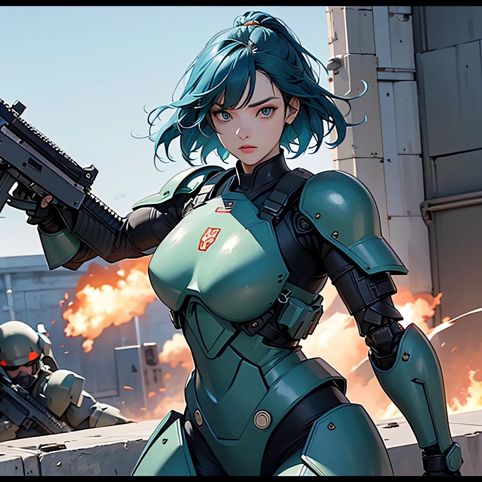 nsfw, anime screencap, 16K, perfect anatomy proportion body, action, A dynamic composition with a sense of speed and movement, (Hold an assault rifle:1.6), a wife, 40age, perfect beautiful delicate sexy face, perfect beautiful delicate drooping eyes, blue hair, bangs short perm hair, large breasts, abs, Camouflage-colored heavy armored steam engine full armor powered suit, Many heavily armored robot soldiers are engaged in a firefight in the background., Flying bullets, The battlefield of a ruined ancient city, war, Post-apocalyptic,