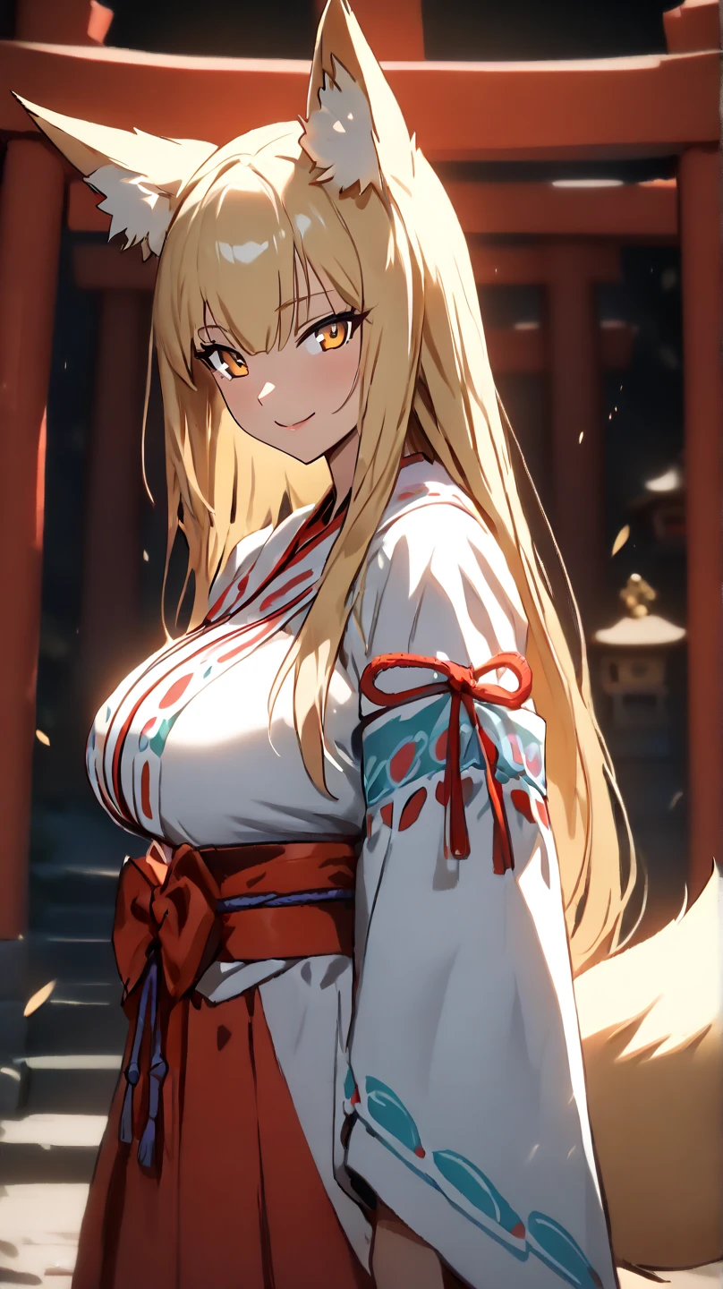 (  Masterpiece ,   top quality:1.2), ((( 1 Anime Girl ))) , (((Alone))),   expressive eyes , Fox&#39;s Tail, ((( blonde long hair ))). ((( straight hair))), milf, mature woman, (smile), ((( golden eyes))), (((Standard shrine maiden costume))), ((( fox ears))), Big Breasts, 嬉しそうなsmile, face shot, (手を振ってsmileで話す),  looking at camera, goofy look, (((Torii of the small shrine ))),  Volume Light ,  subsurface scattering,  Cinematic Light ,  chiaroscuro,  jyojifuku, miko,red hakama