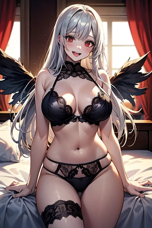 Extremely detailed CG unity 8k UHD QUALITY RESOLUTION WALLPAPER, AWARD-WINNING portrait, official art, Perfect masterpiece, best quality, best resolution, the most beautiful and sexy demon goddess, cowboy shot from below, crop tank top and micro thong lace panties, oni horns, black angel wings, bold color scheme and patterns, trendy and innovative platinum white Mohawk hairstyle, vibrant makeup, accentuated super huge enormously gigantic tits, cleavage showing, tons of tattoos and piercings, detailed feudal Japan dazzling feudal Japan bedroom, cherry blossoms blowing in the wind, vivid color scheme, insane details, beautiful detailed face, blushing, sexy seductive slutty facial expression, looking up at the viewer, close up pov camera view from above, laying down in bed, intricate details, ultra detailed