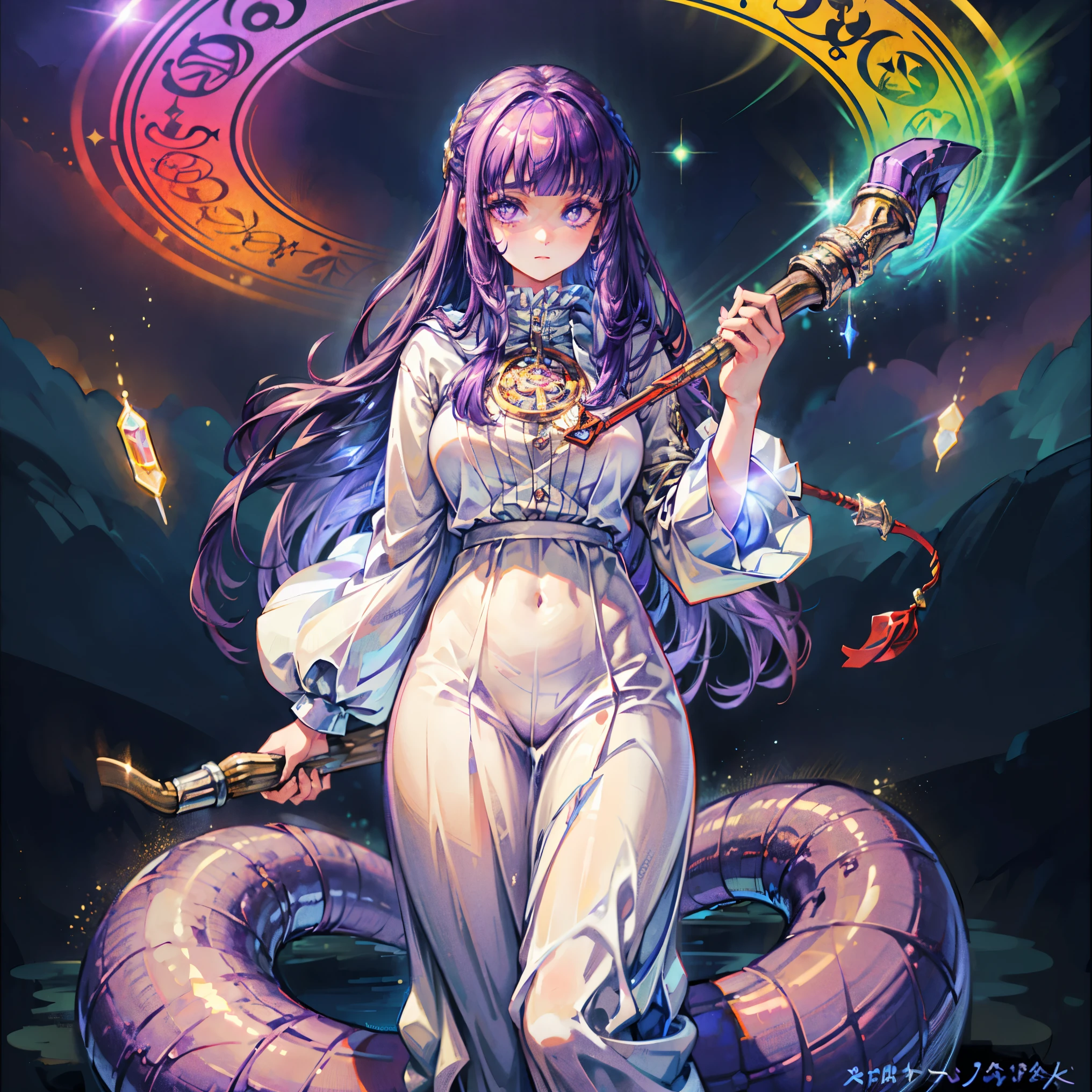 (  Details beautiful eyes and   Details face)、((The eyes are bright purple and have irises ))、(masterpiece), masterpiece, ( top quality),   Details,  High Resolution Illustration ), ((She is a beautiful adult woman))、beautiful women cast spells 、 There are multiple transparent rainbow-colored glass beads floating 、((( The giant magic circle has a very complex pattern and fractal structure)))、Magical aura 、（full body standing)、((Cinematic Production))、The starry sky is spreading、Imprint of Light、 lens flare、、(((I'm holding a wizard's wand)))、((( Wearing light clothing on the lower body)))、She is beautiful Lamia、(((realistic)))