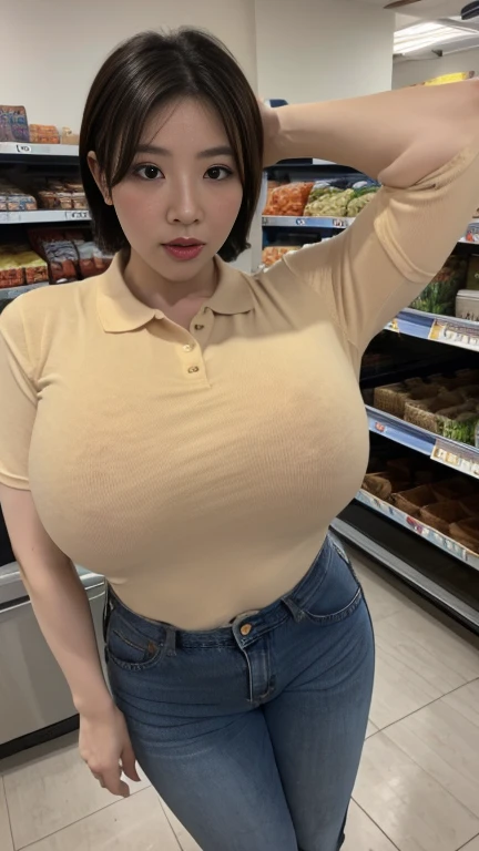 ((supermarket)),)(Best Quality,8K,Raw photo,Realistic,High resolution:1.2),(curvy korean milf)(gigantic huge breasts),(),,(polo shirt),jeans pants,look horny,),((), ,(tight fit),(short hair),(fisheyes lens),(looked troubled)