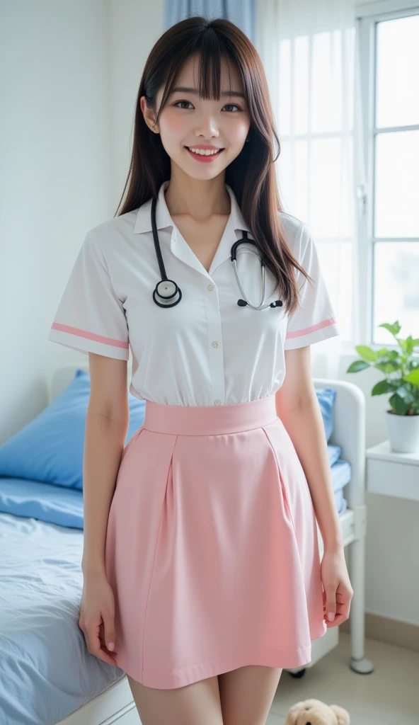 最high quality、high quality、best image quality、8K、最High resolution、High resolution、最high quality、masterpiece、RAW photo、whole body写真、Realistic human body in every detail、Realistic skin in every detail、Realistic face in every detail、Realistic eyes in every detail、Realistic lips in every detail、Realistic teeth in every detail、Realistic ears down to the last detail、Realistic hair down to the last detail、Realistic arms down to the last detail、Realistic hands down to the last detail、Realistic fingers in every detail、(fine hands、thumb1reference4)、Realistic legs down to the last detail、Realistic feet in every detail、Realistic breasts down to the last detail、Realistic areola in every detail、Realistic nipples down to the last detail、((beautiful japanese girl))、(japanese model)、((18 year old beautiful girl))、(black hair)、(straight hair)、(ponytail)、((whole body))、((Upward beautiful breasts、Medium chest))、(slim style、slender style)、(whole body光沢肌、Fair skin)、Detailed and realistic human body、detailed realistic skin、detailed realistic face、detailed realistic arms、Detailed realistic fingers、Detailed realistic feet、detailed realistic nipples、soft natural light、nurse uniformの上からでも乳首の形がはっきりわかる、Nursing clothing、nurse uniform、hospital uniform、((Pink see-through(クロップトップnurse uniform、Nurse Mini Skirt))、((In the hospital(Pose that makes your thighs look beautiful))