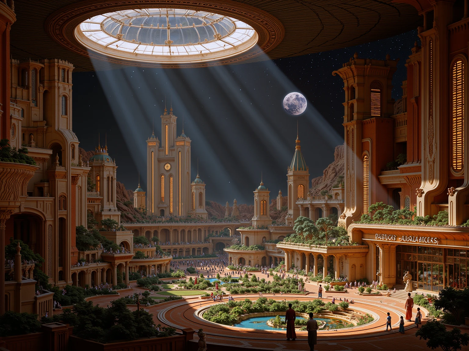 A super realistic photo taken from inside a large space colony on Mars with a clear view through the glass dome of the colony to Mars's two moons and the stars. People are walking around and one of the many buildings is a Starbucks, which sits just outside a park full of grass, trees and flowers.