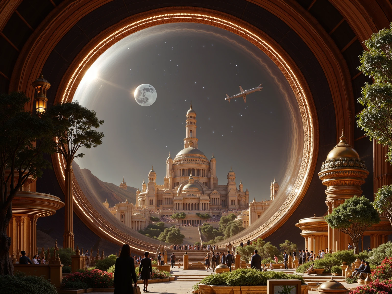 A super realistic photo taken from inside a large space colony on Mars with a clear view through the glass dome of the colony to Mars's two moons and the stars. People are walking around and one of the many buildings is a Starbucks, which sits just outside a park full of grass, trees and flowers.