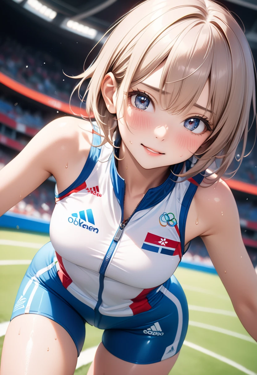 Female Olympians,(((Athletes' uniforms), (Shiny Costumes))), skindentation, skinny, solo, 1 woman, Masterpiece, highest quality, highest quality, 16K, incredibly absurd, highly detailed, 2.5D, ai-generated, delicate and dynamic, very delicate facial expressions, delicate eye depiction, erotic, only sexy woman, ((A cute and kind face)), healthy figure, ((25-year-old woman)), 160cm tall, medium firm swaying bust, blush, Sweat,Embarrassed,sexy, ((thin thighs)), (camel toe:0.7), (visible nipples:0.3), (Erect nipples,:0.7), shiny and lustrous, facing straight at viewer, (((in heat))), ((Oily_skin)), ((dutch angle)), ((erotic pose)), ((one keene)), Athletics stadiums and Olympic venues on sunny days,