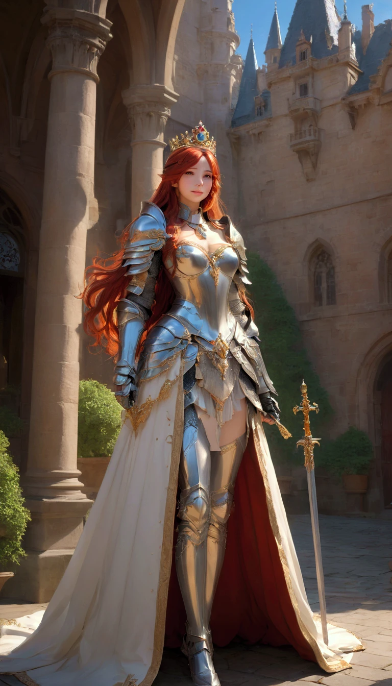 Once upon a time, live the beautiful princess, with golden armor and cloak, long red hairs, crown on the head, waiting someone for a love, she have beautiful smile, courtyards, full body, (Masterpiece), (best quality), (high quality), (extremely detailed) CG unity, 8k wallpaper, (cinematic angle)