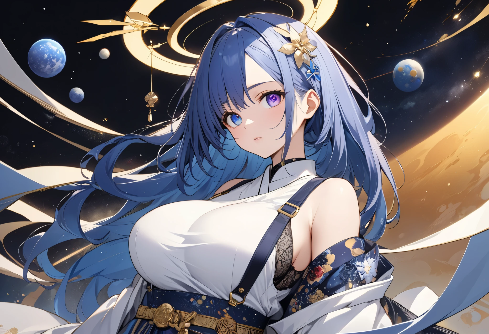 fresh illustration ,
Superfine painting,
top quality,
very delicate illustration ,
Very fine details ,
beautiful attractive anime style ,
Fascinating anime style ,
Super detailed drawing ,
beautiful and sophisticated illustration of one girl ,
full body view,
Height: 158cm,
Fair skin,
right eye blue left eye purple perfect heterochromia ,
large black pupils ,
beautiful eyes,
super long hair,
shiny hair ,
The roots of the hair are blue and the others are gray ,
The hair is gradated
My forehead is half sticking out,
pretty and cute face ,
Cheeks are ruddy,
A small, shiny halo is floating on the back of the head,
Lowering the eyebrows,
since age 27,
The upper half of the body is in a traditional Japanese kimono,
Overall white clothes ,
lower body Nadres ,
The color of the belt is black ,
The design is tastefully embroidered with gold thread,
fine fabric clothing ,
Shoulder-width narrower shoulders,
mega breasts,
Isometric,
Golden Ratio,
god々 like atmosphere,
The undershirt is indigo-colored with a stand-up collar,
outer space ,
There are multiple galaxies ,
Little Star々 upper body ,
tactical use of shadows ,
The hair and the halo on the head do not extend beyond the frame,
Clothes don't stick out of the angle of view ,
garter belt,
stockings ,
The thigh straps are digging into the skin,
lace thong
white long boots ,
There are countless Japanese style ,
Thin Waist,
Thick thighs,
Standing,
Long Shot,