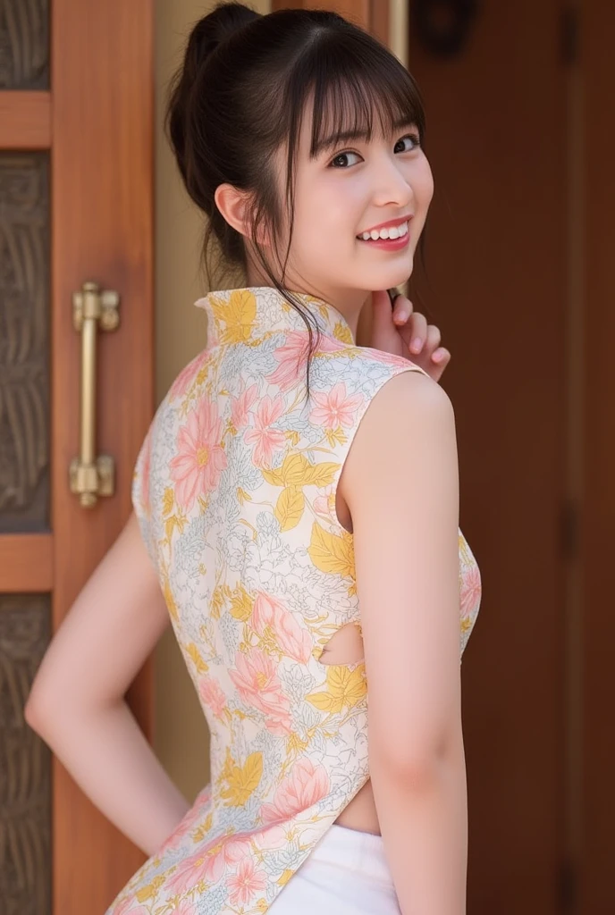  One Girl ,  high definition,  top quality,  very detailed,  china dress、 miniskirt 、cleavage cutout、smile、お尻を突き出す、