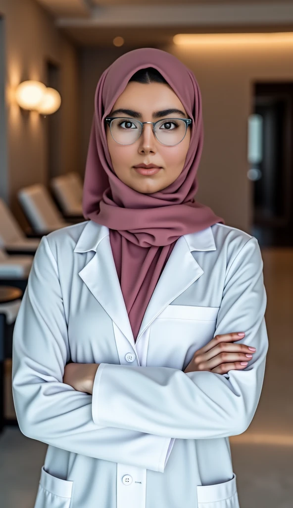 An authoritative and impeccably realistic Muslim woman, exuding professionalism and confidence, stands in a pharmacy with a pristine white interior. She is dressed in a meticulously detailed doctor's uniform and a black khimar, symbolizing her dedication to her profession. With a flawless body shape, she embodies both competence and elegance. Her Malay features are rendered with extraordinary realism, particularly her expressive eyes, which convey determination and expertise. The pharmacy setting is depicted with unparalleled detail, with shelves meticulously stocked with medication and healthcare products. Crafted in Unreal Engine with 8k resolution, every aspect of the image is meticulously rendered to achieve unparalleled realism and detail. Dynamic angles add depth and sophistication to the scene, enhancing the overall aesthetic appeal. Despite her modest head size and ample breasts, the focus remains on her professionalism and expertise, ((small head:1.2)) ((big breast:1.1)) ((hijab))