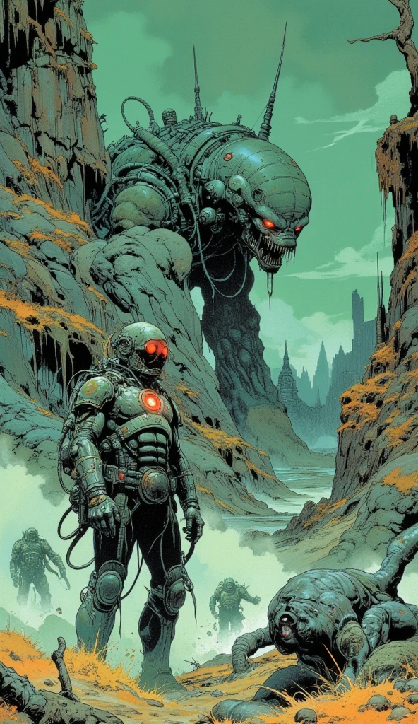 "A dynamic, high-detail illustration of a futuristic warrior clad in biomechanical armor, standing in a dystopian alien landscape. His glowing, ominous red eyes pierce through the fog of a chaotic, radioactive battlefield, while his armor pulses with faint, organic veins that seem alive. In the background, towering, eldritch structures twist and loom, their grotesque forms reminiscent of cosmic horrors. The style is bold and gritty, inspired by classic comic book aesthetics, with sharp linework, dramatic shadows, and vibrant highlights. The atmosphere combines the tension of sci-fi action with the surreal dread of Lovecraftian terror, capturing an epic moment in this otherworldly confrontation."