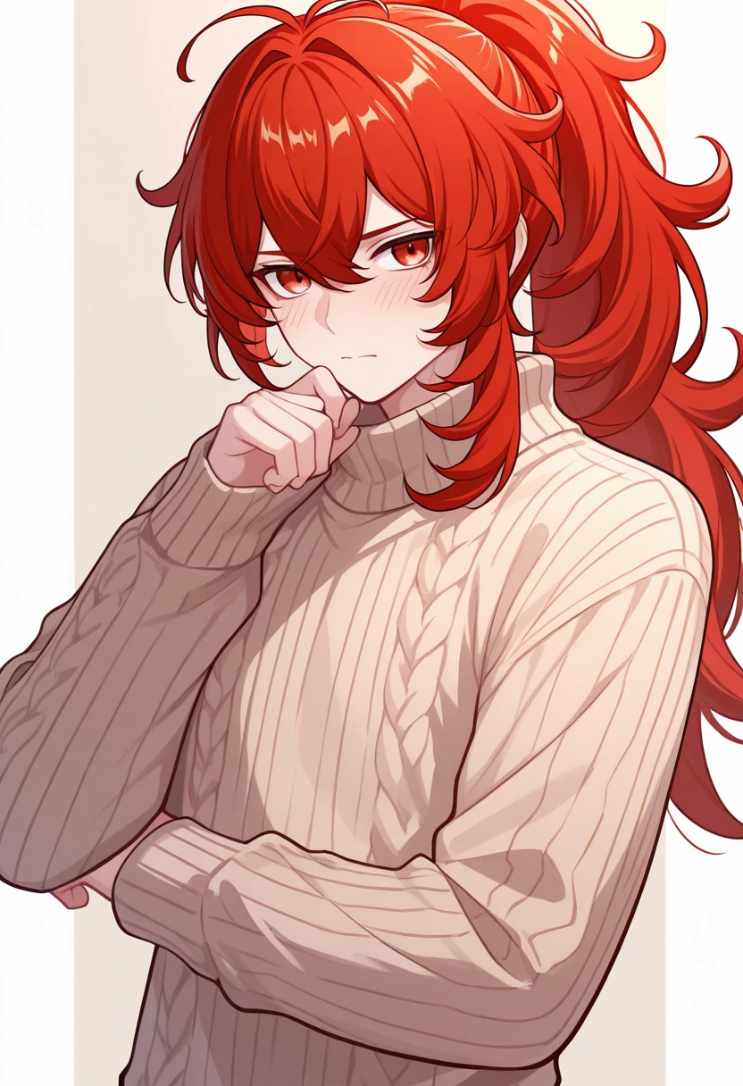 masterpiece, best quality, diluc (genshin impact), 1boy, long hair, red hair, red eyes, male focus, solo, ponytail, bangs, hair between eyes, vibrant red hair, saturated quality red hair, wibrant quality image, beige sweater, thick knight sweater, tight sweater, long sweater, long sweater, shy, coy, tight sweater, long sweater almost like a dress