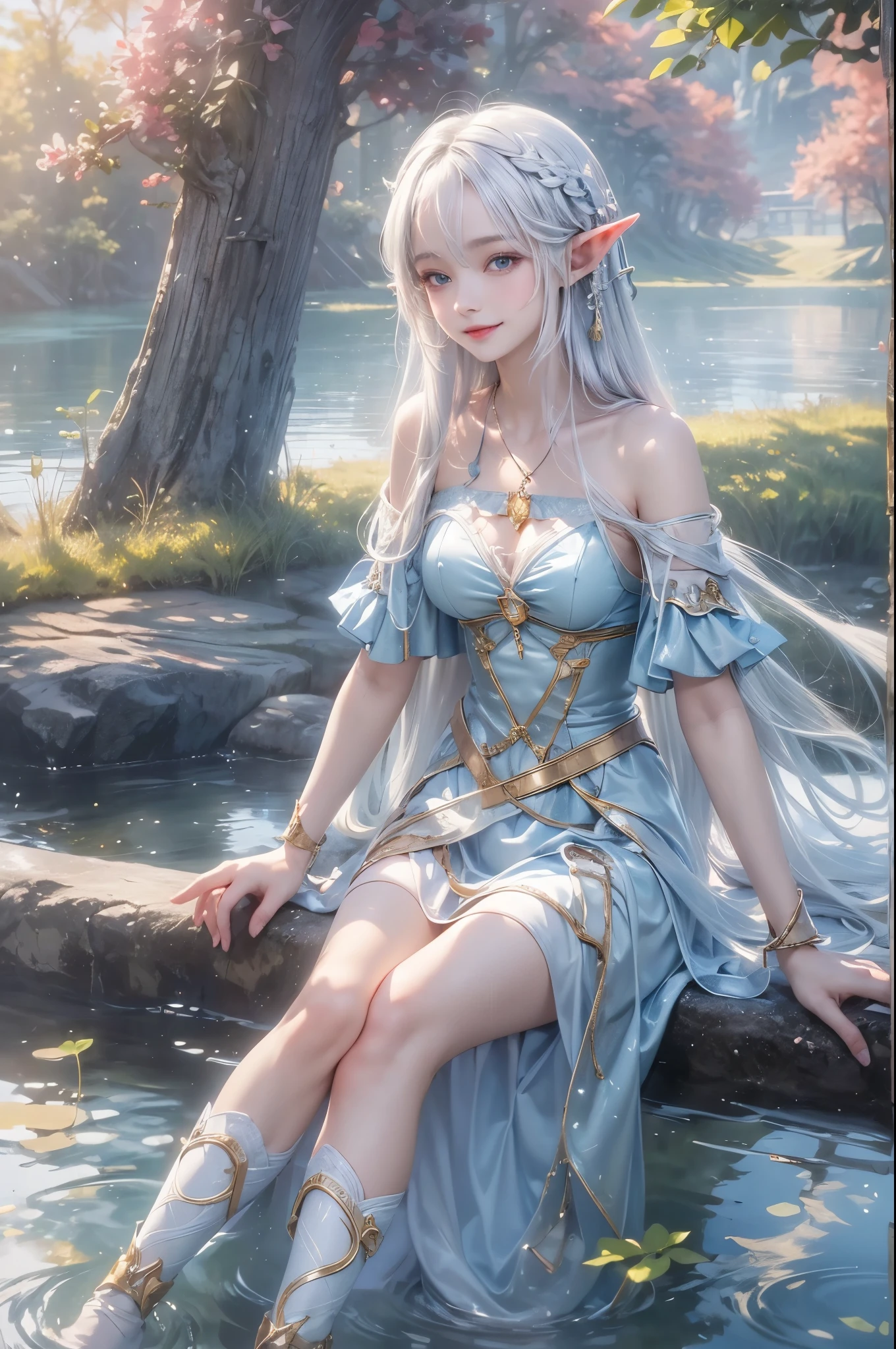 (master piece),(4k),high quality, small breasts,1girl,elf,long silver hair,pale skin,smile,white and blue costume,sitting in lakeside,(beautiful fantasy anime),film Lighting