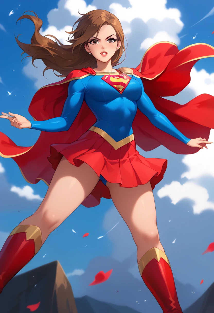 Seira Mizuki, with her cool and elegant demeanor, exudes both grace and strength in the classic Supergirl costume. The bright blue top, featuring the iconic red and yellow 'S' emblem, contrasts beautifully with her short brown hair. The red cape billows behind her, adding a dramatic and heroic flair as it catches the wind, perfectly complementing her poised and confident stance. The red skirt and knee-high red boots finish the look, accentuating her tall and slender figure, giving her an air of both power and elegance.
Seira’s composed and determined expression perfectly captures the essence of a superhero, blending her natural elegance with the fierce determination of Supergirl. Her transformation into this heroic role highlights her balance of strength and beauty, making her the ideal embodiment of courage and grace, ready to face any challenge with confidence and inspire those around her.