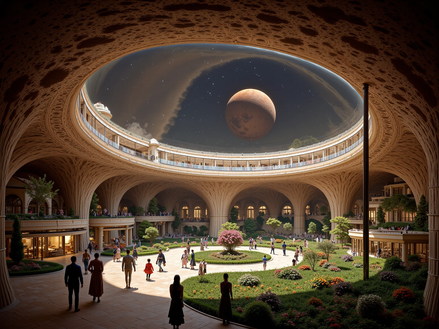 A super realistic photo taken from inside a large space colony on Mars with a clear view through the glass dome of the colony to Mars's two moons and the stars. People are walking around and one of the many buildings is a Starbucks, which sits just outside a park full of grass, trees and flowers.