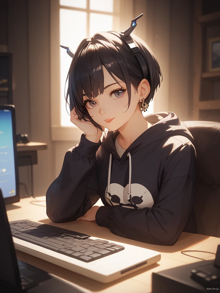  One Girl 、 Shortcut 、 headphones、 hoodie、 Dark Room、 computer、earring listening to music、 black hair、 high definition、masterpiece、accurate、 high image quality model、 close-up, valley