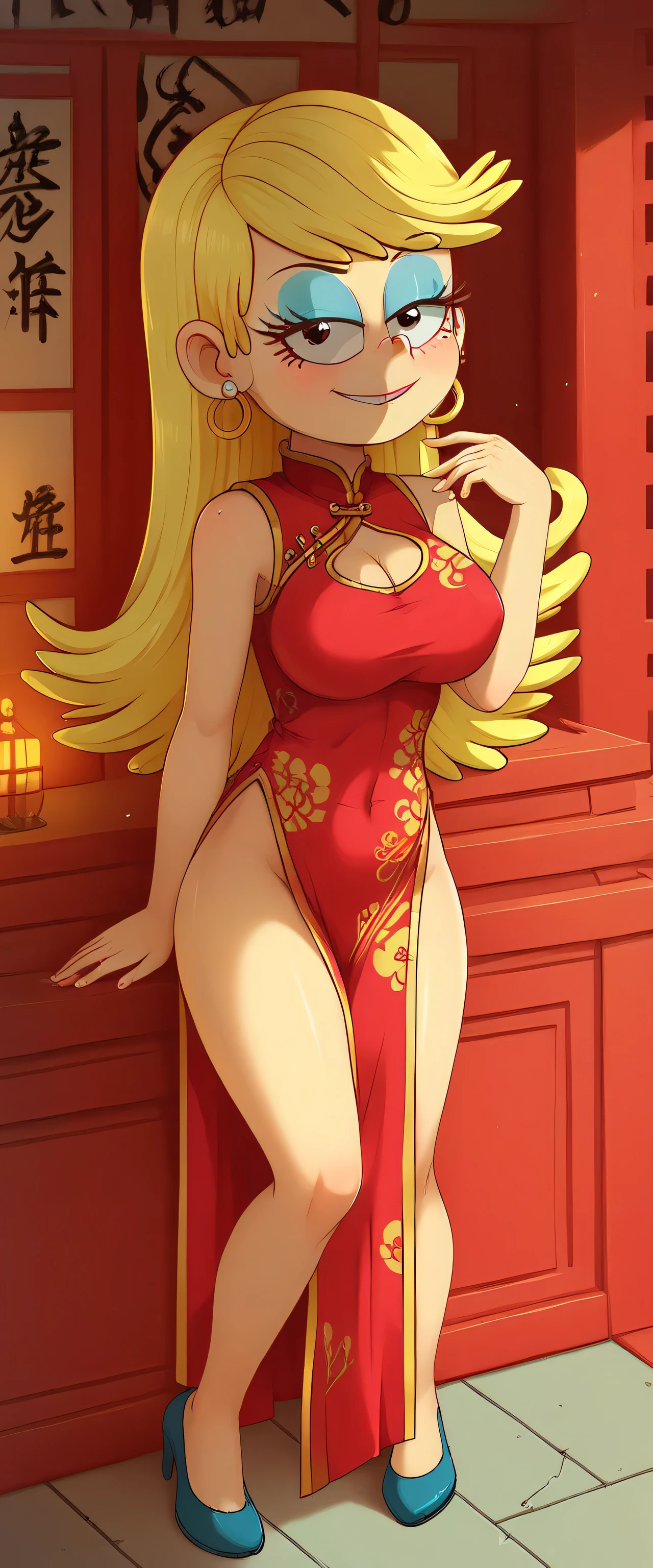 safe_pos, score_9, score_8_up, score_7_up BREAK blonde hair, long hair, earrings, blue eyeshadow, 1o1a, the loud house, BREAK large breasts, BREAK looking at you, cheongsam, inside of a chinese temple, full body view, standing