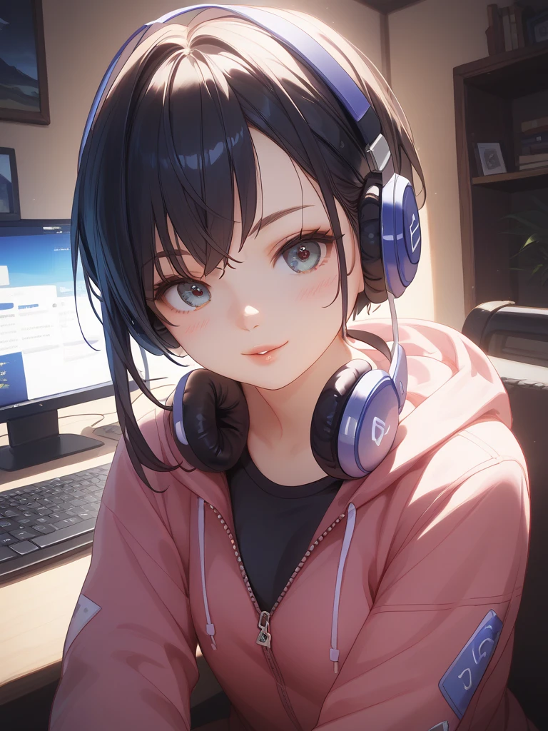  One Girl 、 Shortcut 、 headphones、 Dark Room、 computer、 is listening to music, black hair、 high definition、masterpiece、accurate、 high image quality model、 close-up, valley,  headphones, zip hoodie 