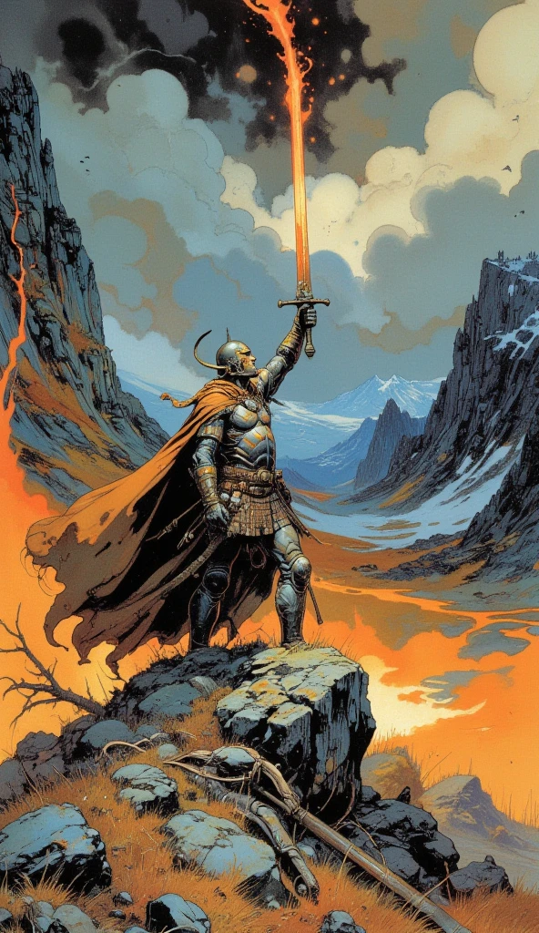 "An epic medieval warrior stands triumphant on a craggy battlefield, his bloodstained sword raised high against a dramatic, stormy sky. Clad in intricately detailed armor, he radiates an aura of unyielding strength, his cloak billowing in the wind as vibrant embers from distant fires swirl around him. The vivid colors of the scene – fiery oranges, deep blues, and earthy browns – create a rich and intense palette, paying homage to the dramatic, heroic style of Frank Frazetta. Towering mountains and shadowed forests in the background evoke the grandeur of Middle-earth, as if this moment belongs in the timeless saga of the Lord of the Rings."