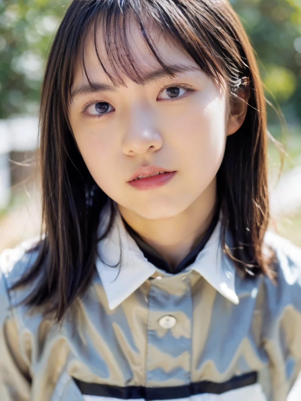 (masterpiece,  top quality,  top quality,  Official Art,  beautiful、 beautiful:1.2), ,(RAW 写真 top quality:1.1),( one girl), ( fractal art:1.2), absurd,  high definition,  very detailed, Ultra-precision performance, Alone, Floating Hair,  growing skin that exposes genitals,Asymmetrical Berry Short, (:1.2), perfect body, slender body , miniskirt , thighs, standing with her hands on her hips, smiling face , viewers, ( race queen:1.6),, Hinatazaka46