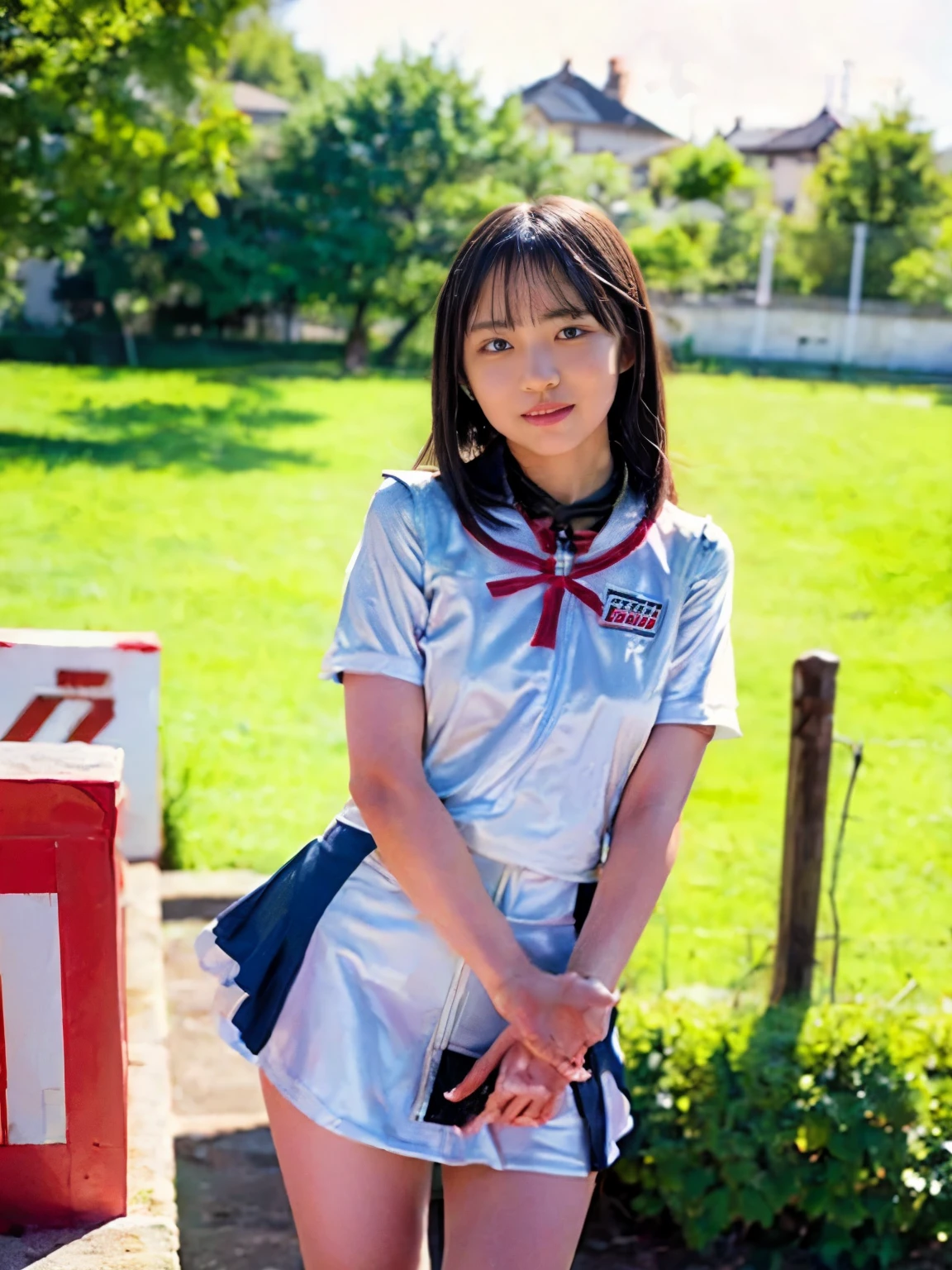 (masterpiece, top quality, top quality, Official Art, beautiful、 beautiful:1.2), ,(RAW 写真 top quality:1.1),( one girl), ( fractal art:1.2), absurd, high definition, very detailed, Ultra-precision performance, Alone, Floating Hair, growing skin that exposes genitals,Asymmetrical Berry Short, (:1.2), perfect body, slender body , miniskirt , thighs, standing with her hands on her hips, smiling face , viewers, ( race queen:1.6),, Hinatazaka46