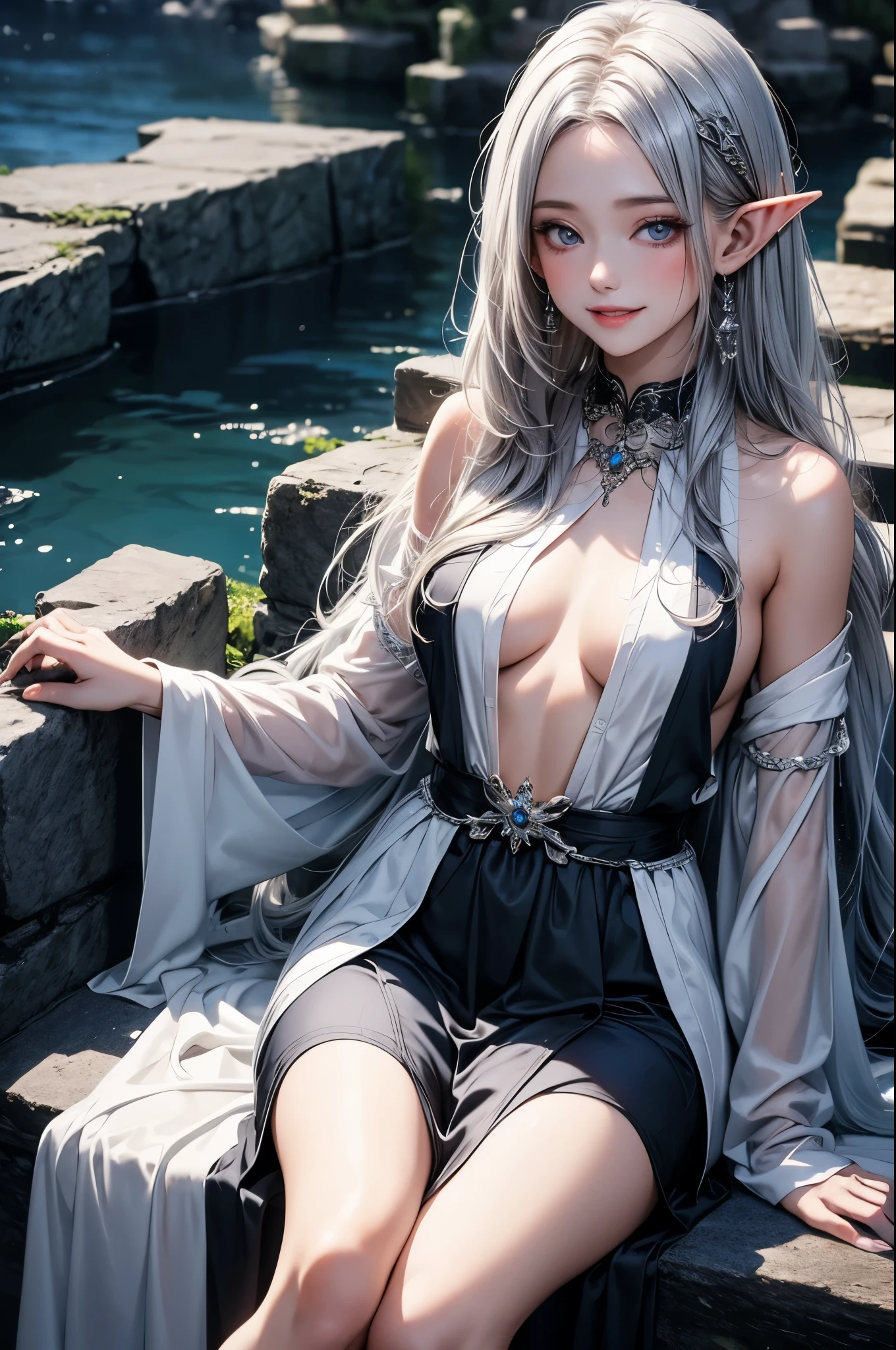 (master piece),(4k),high quality, small breasts,1girl,elf,long silver hair,pale skin,smile,white and blue costume,sitting in lakeside,(beautiful fantasy anime),film Lighting
