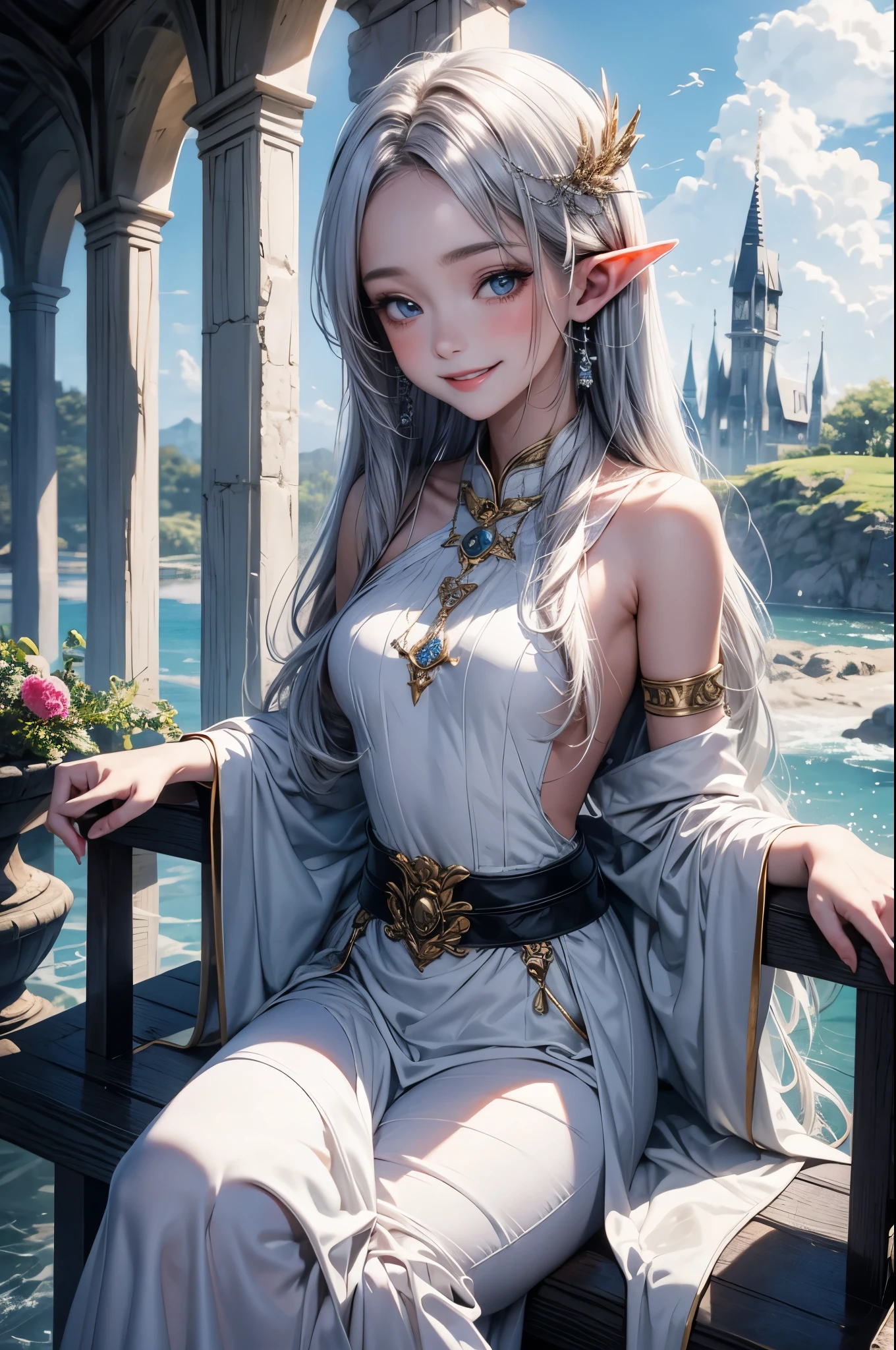 (master piece),(4k),high quality, small breasts,1girl,elf,long silver hair,pale skin,smile,white and blue costume,sitting in lakeside,(beautiful fantasy anime),film Lighting
