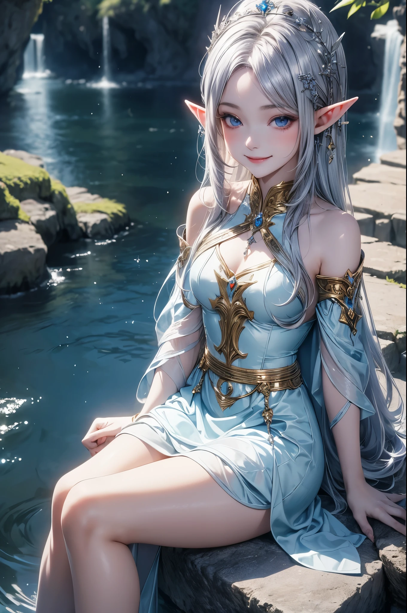 (master piece),(4k),high quality, small breasts,1girl,elf,long silver hair,pale skin,smile,white and blue costume,sitting in lakeside,(beautiful fantasy anime),film Lighting