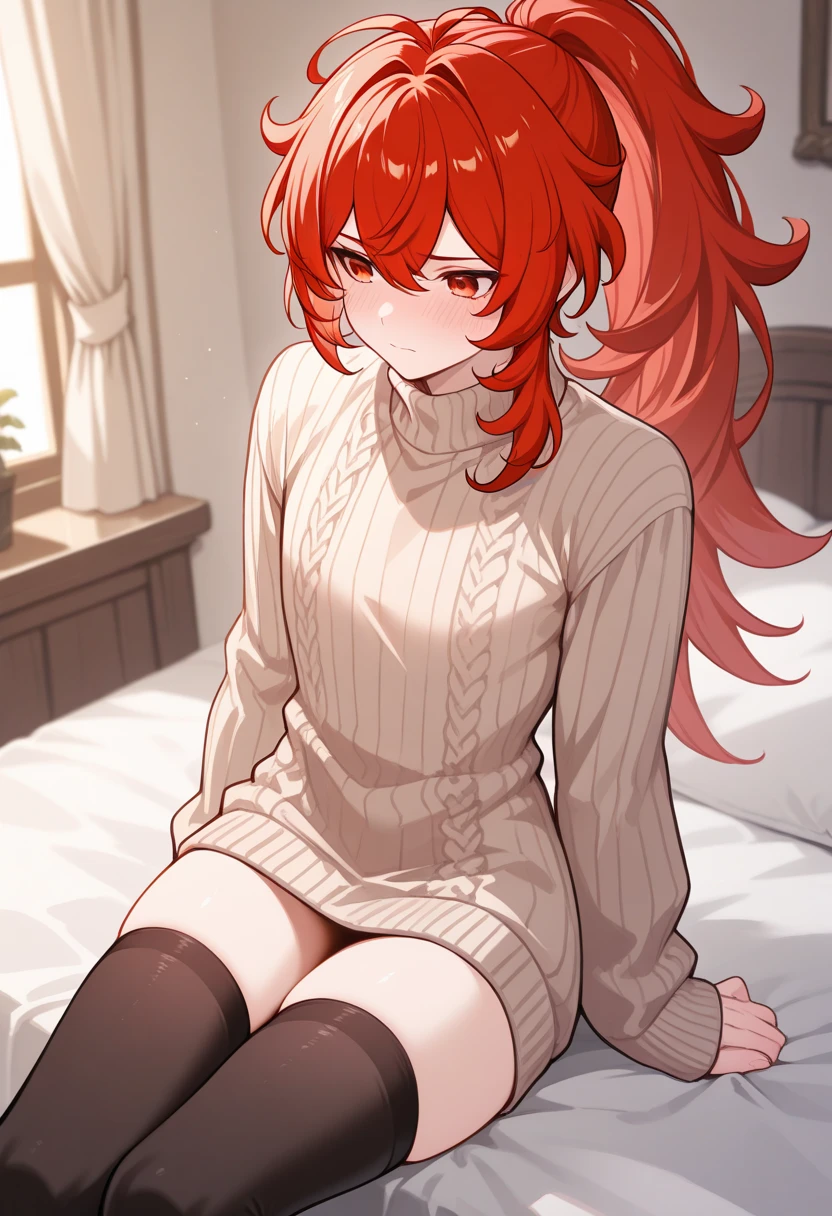 masterpiece, best quality, diluc (genshin impact), 1boy, long hair, red hair, red eyes, male focus, solo, ponytail, bangs, hair between eyes, vibrant red hair, saturated quality red hair, wibrant quality image, beige sweater, thick knight sweater, tight sweater, long sweater, long sweater, shy, coy, tight sweater, long sweater almost like a dress, in bed, thigh high legwarmers, stir ups, thigh high stockings huggings thighs, soft thighs,