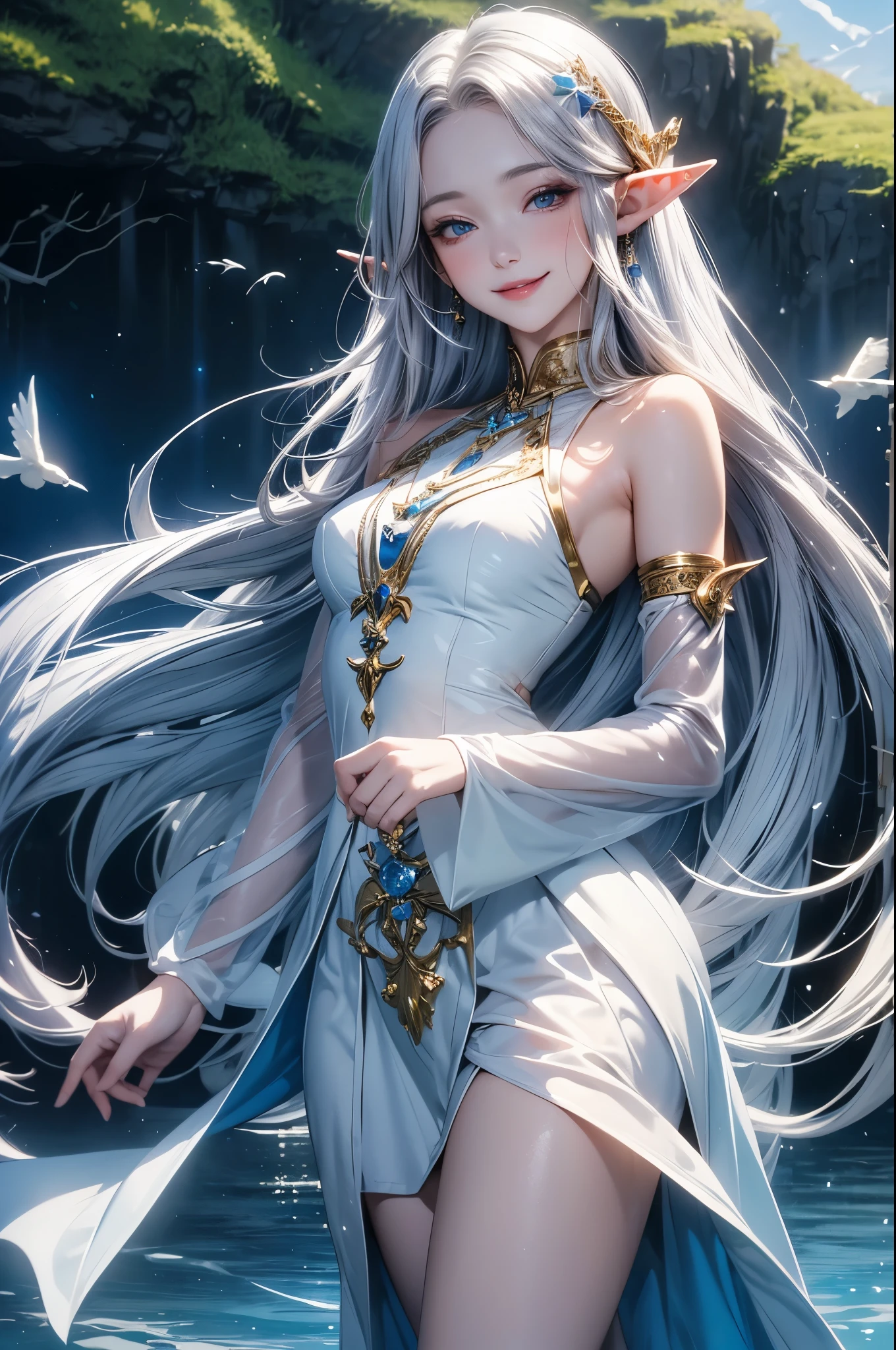 (master piece),(4k),high quality, small breasts,1girl,elf,long silver hair,pale skin,smile,white and blue costume, lakeside,(beautiful fantasy anime),film Lighting
