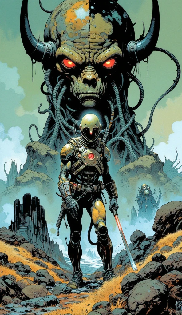 "A dynamic, high-detail illustration of a futuristic warrior clad in biomechanical armor, standing in a dystopian alien landscape. His glowing, ominous red eyes pierce through the fog of a chaotic, radioactive battlefield, while his armor pulses with faint, organic veins that seem alive. In the background, towering, eldritch structures twist and loom, their grotesque forms reminiscent of cosmic horrors. The style is bold and gritty, inspired by classic comic book aesthetics, with sharp linework, dramatic shadows, and vibrant highlights. The atmosphere combines the tension of sci-fi action with the surreal dread of Lovecraftian terror, capturing an epic moment in this otherworldly confrontation."