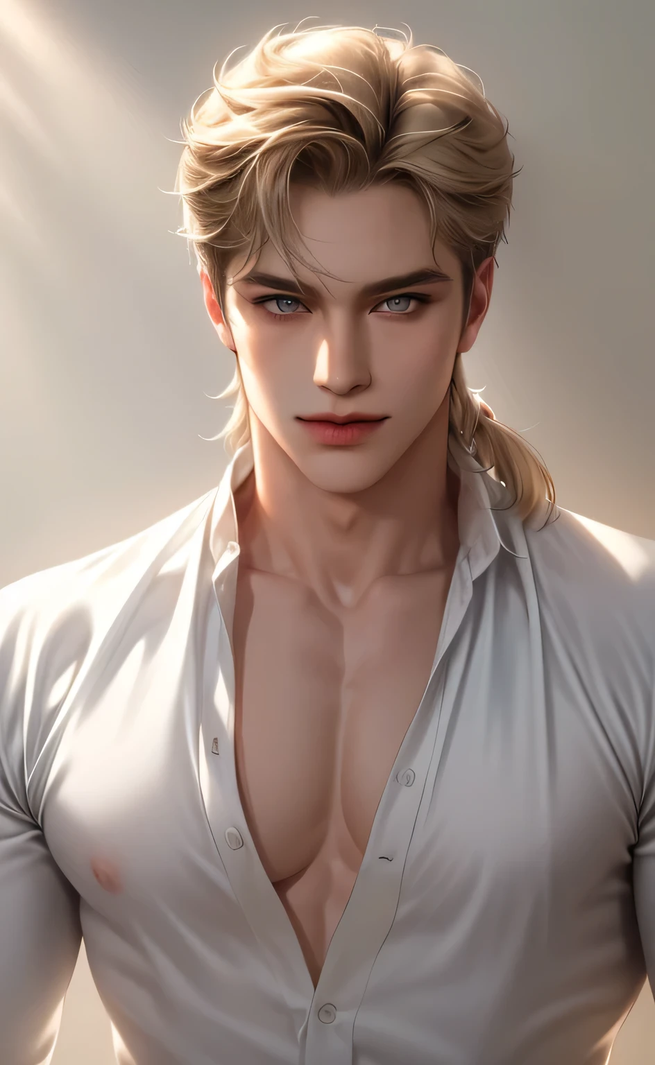 Full Body photorealistic 4k, high resolution, Cody Christian,,best quality, masterpiece, perfect color, perfect shade, perfect lighting, Posted by e621, ((portrait)), ((handsome man)), perfect male figure, Short hair details,Naked and nude torso,Detailed face, perfect face, (stood up), Detailed background, ((Bonifasco Lighting)), (delicate eyes),(animal ears white wolf),((big fluffy tail)),tattoo,((forest)),emaciated. Smiling