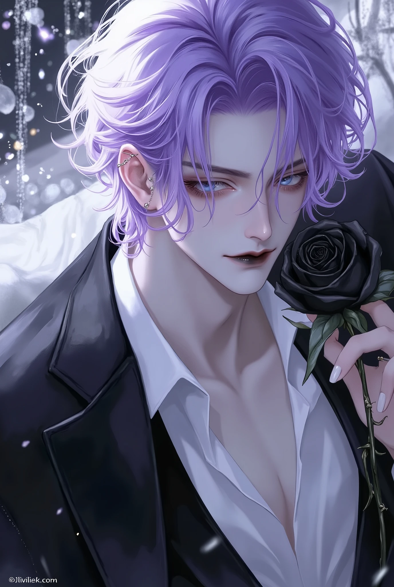 A beautiful villain man who has fallen into the dark in anime illustration、dark King、Beautiful and handsome、 the background is bright 、Glamorous background、hope、like、 Kindness 、Light、 expressionlessで睨む、Black Rose、僕は君をlikeしてるよ、This flower for you、20 years old、 expressionless、Light purple short hair、 arranged hair 、Handsome hairstyle、Light blue eyes、 Black Makeup 、 white skin、Small face、Black lip gloss、Villain pose、Fascinating fans、Seduce、Villain gothic fashion style、 cute girl with piercings 、dark illustrations、Smooth illustration、Smoothly drawn、 with a painful expression taken from an oblique side、For icons