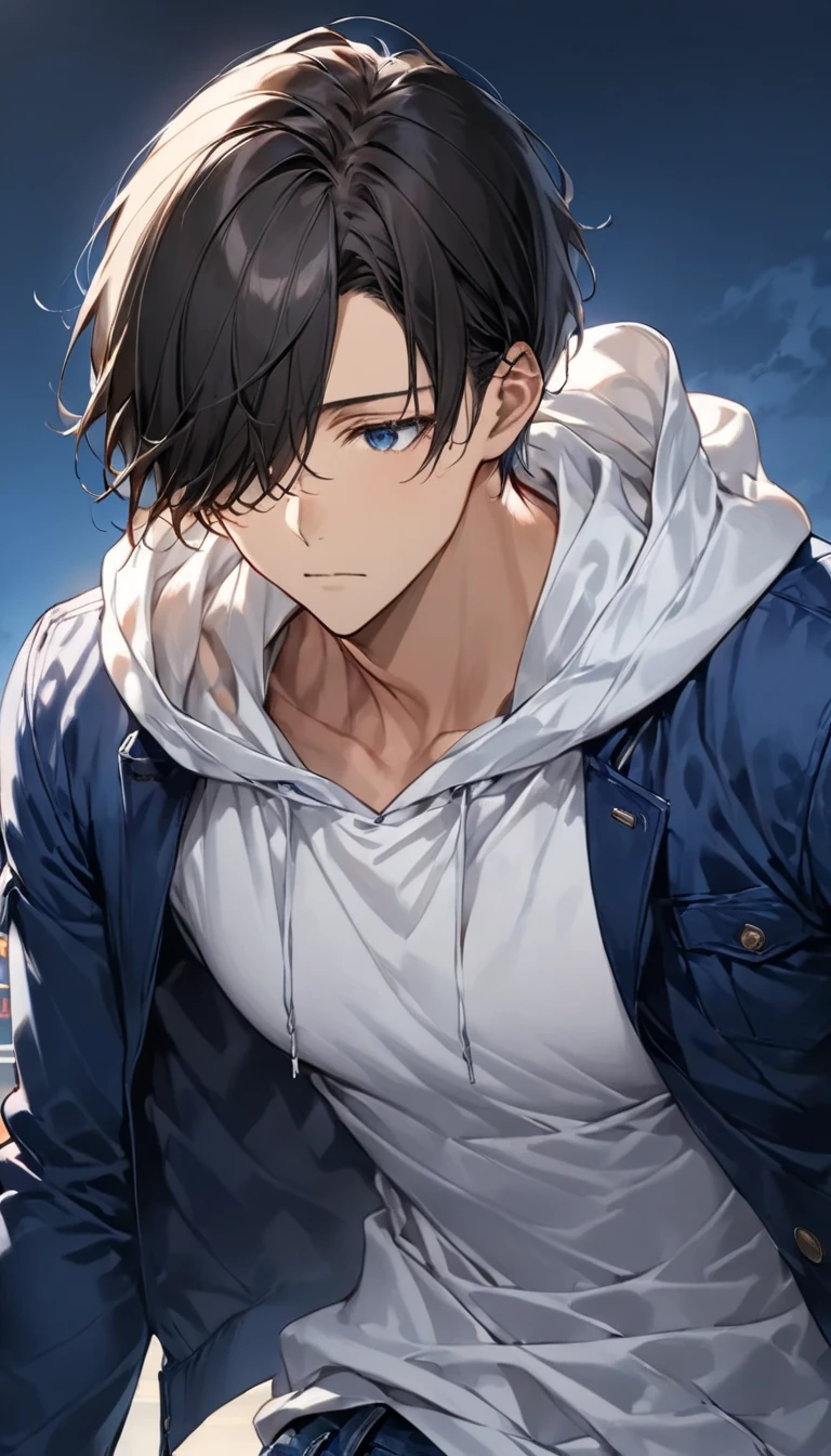  dark-haired young man"Asuka" , Face direction: facing diagonally downward  , What Yu can see ,clothing: wearing a white hoodie and blue jacket in jeans  ,  bust up , Look away
