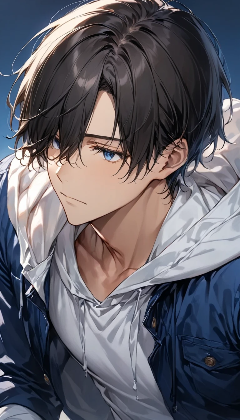  dark-haired young man"Asuka" , Face direction: facing diagonally downward  , What Yu can see ,clothing: wearing a white hoodie and blue jacket in jeans  ,  bust up , Look away
