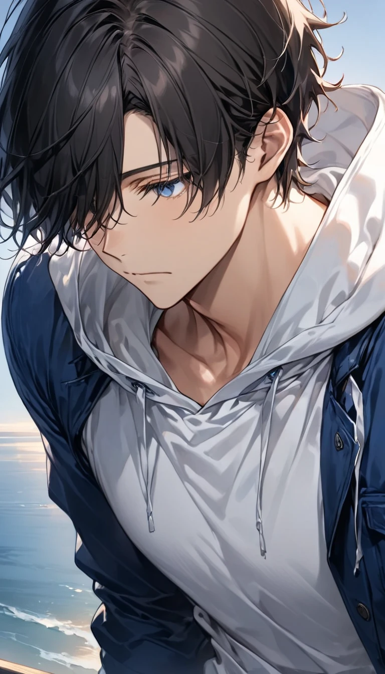  dark-haired young man"Asuka" , Face direction: facing diagonally downward  , What Yu can see ,clothing: wearing a white hoodie and blue jacket in jeans  ,  bust up , Look away