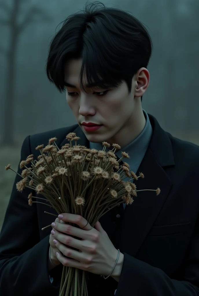 A handsome korea man lies on grass with flowers with a skull next to him.